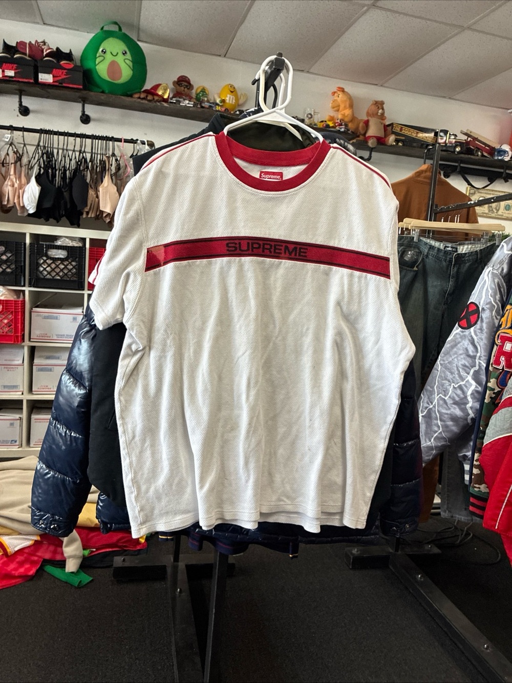 Men’s Rare SUPREME Chest Stripe Logo S/S Top White Red SZ XL Used